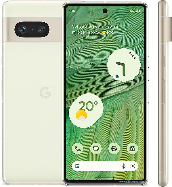 Google Pixel 7 smartphone in white color showing the front screen display with various app icons and the time, alongside the physical thickness of the device.
