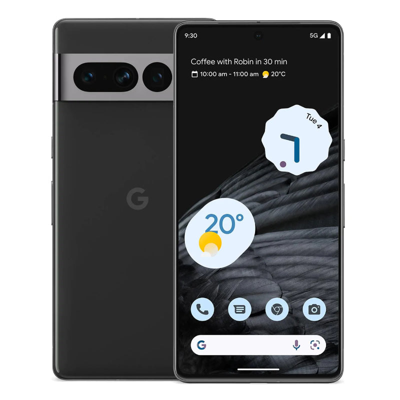 Google Pixel 7 Pro smartphone showing the front screen display and rear camera setup in black color.