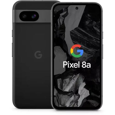 Google Pixel 8a smartphone in black color showing the front screen display and rear camera setup.