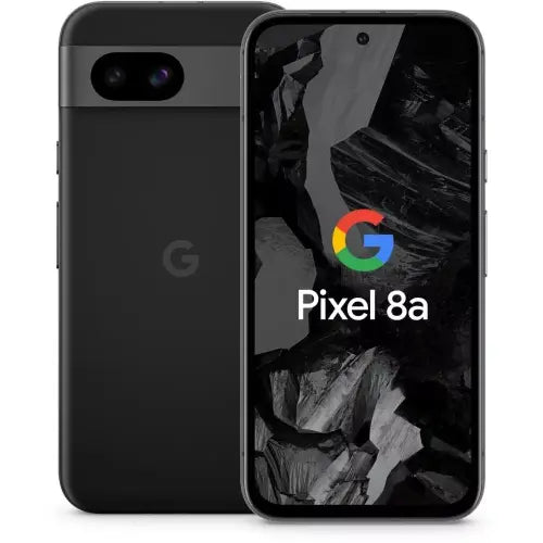 Google Pixel 8a smartphone in black color showing the front screen display and rear camera setup.