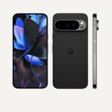 Black Google Pixel 9 Pro XL rear camera bar close-up, front view, side view