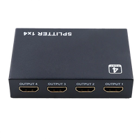 A black HDMI splitter with four output ports, labeled OUTPUT 1 to OUTPUT 4.