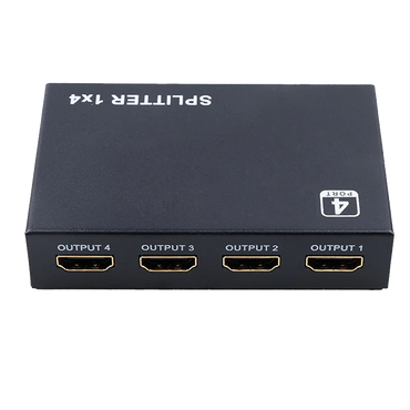A black HDMI splitter with four output ports, labeled OUTPUT 1 to OUTPUT 4.