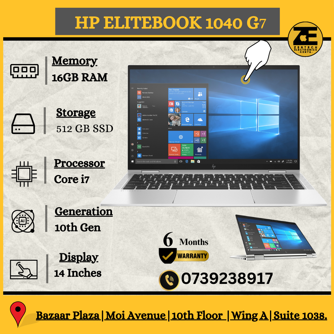 HP EliteBook 1040 G7 laptop with a 14-inch Full HD touchscreen, shown open on a table with the HP logo visible on the screen, and a Windows logo on the keyboard. The laptop appears to be silver in color.