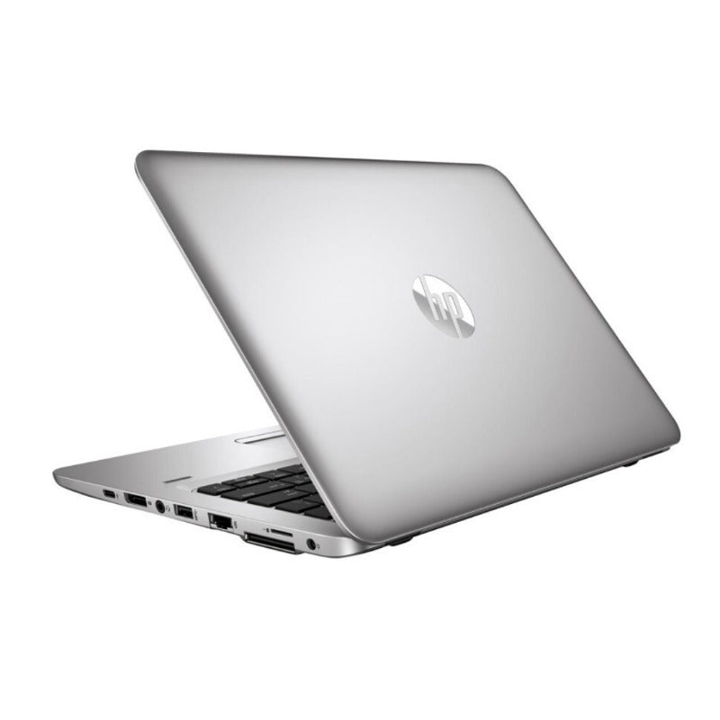 HP EliteBook 820 G4 laptop, silver color, shown from the back with the HP logo visible, displaying ports and a partially open lid.