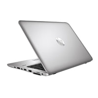 HP EliteBook 820 G4 laptop, silver color, shown from the back with the HP logo visible, displaying ports and a partially open lid.