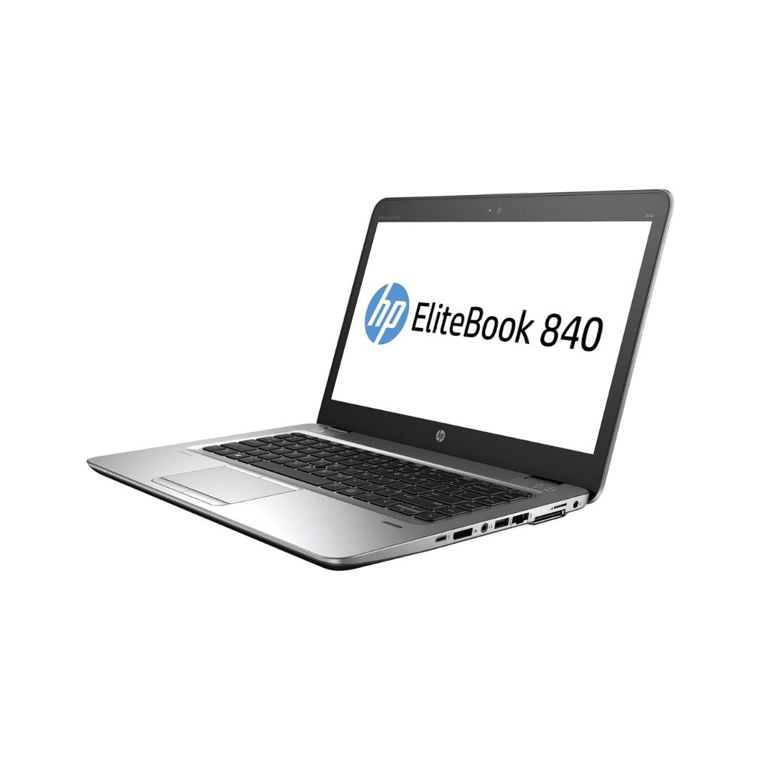 HP EliteBook 840 laptop with a 14-inch display, visible ports, and a keyboard.
