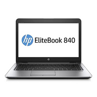 HP EliteBook 840 G1 laptop with a silver keyboard and a display showing the hp elitebook 840 name
