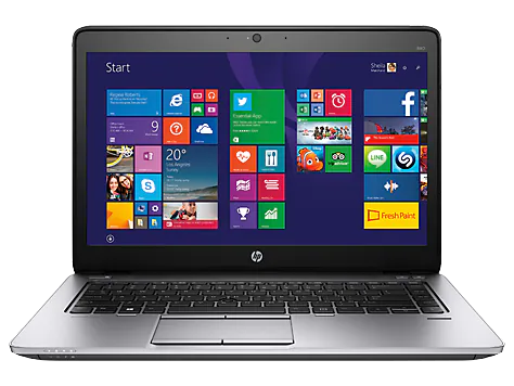 HP EliteBook 840 G1 laptop with a silver keyboard and a display showing the Windows start screen.