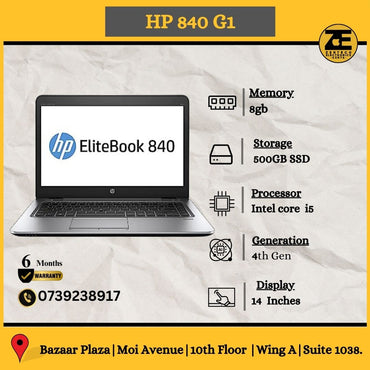 HP EliteBook 840 G1 laptop with a 14-inch display, showing the keyboard and screen. It is silver in color and appears to be a business laptop.