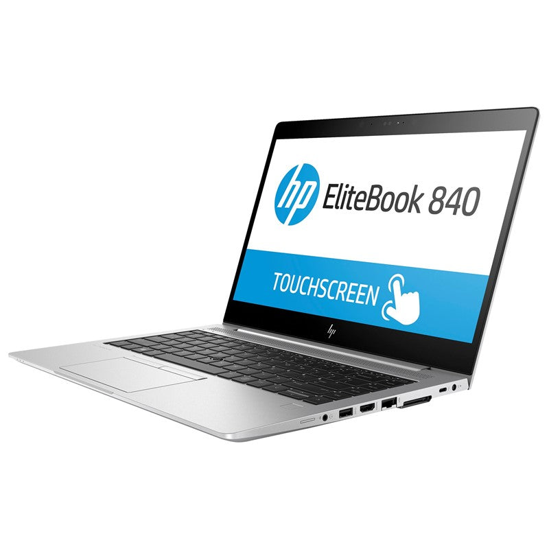 HP Elitebook 840 G3 laptop with a silver body, visible Intel Core i5 processor, 8GB RAM, and 256GB SSD, showcasing a 14-inch Full HD touchscreen display.