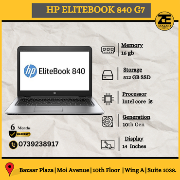 HP EliteBook 840 G7 laptop with a 14-inch display, shown open and displaying its screen, with a keyboard and trackpoint visible. The laptop is placed on a textured surface.