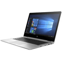 HP EliteBook x360 1030 G2 Notebook PC with a silver aluminum body, visible Intel Core i5 processor, and HP logo on the keyboard.