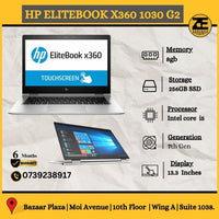 An HP EliteBook x360 1030 G2 laptop with a silver color scheme, showcasing the device's touchscreen display and its 360-degree flexible hinges.