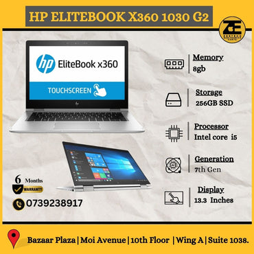 An HP EliteBook x360 1030 G2 laptop with a silver color scheme, showcasing the device's touchscreen display and its 360-degree flexible hinges.