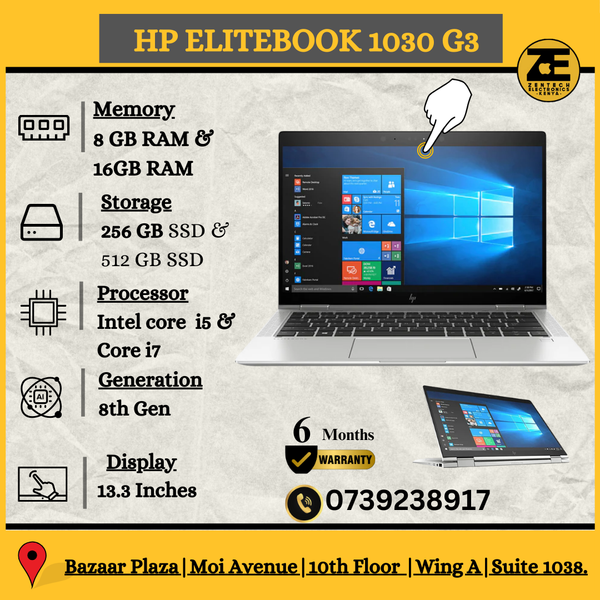 An HP EliteBook x360 1030 G3 laptop displayed in different modes: tablet, tent, and laptop mode, showcasing its versatility as a convertible device.