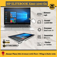 An HP EliteBook x360 1040 G6 laptop with a silver color scheme, showcasing its screen and keyboard. It is open on a flat surface displaying Windows desktop.