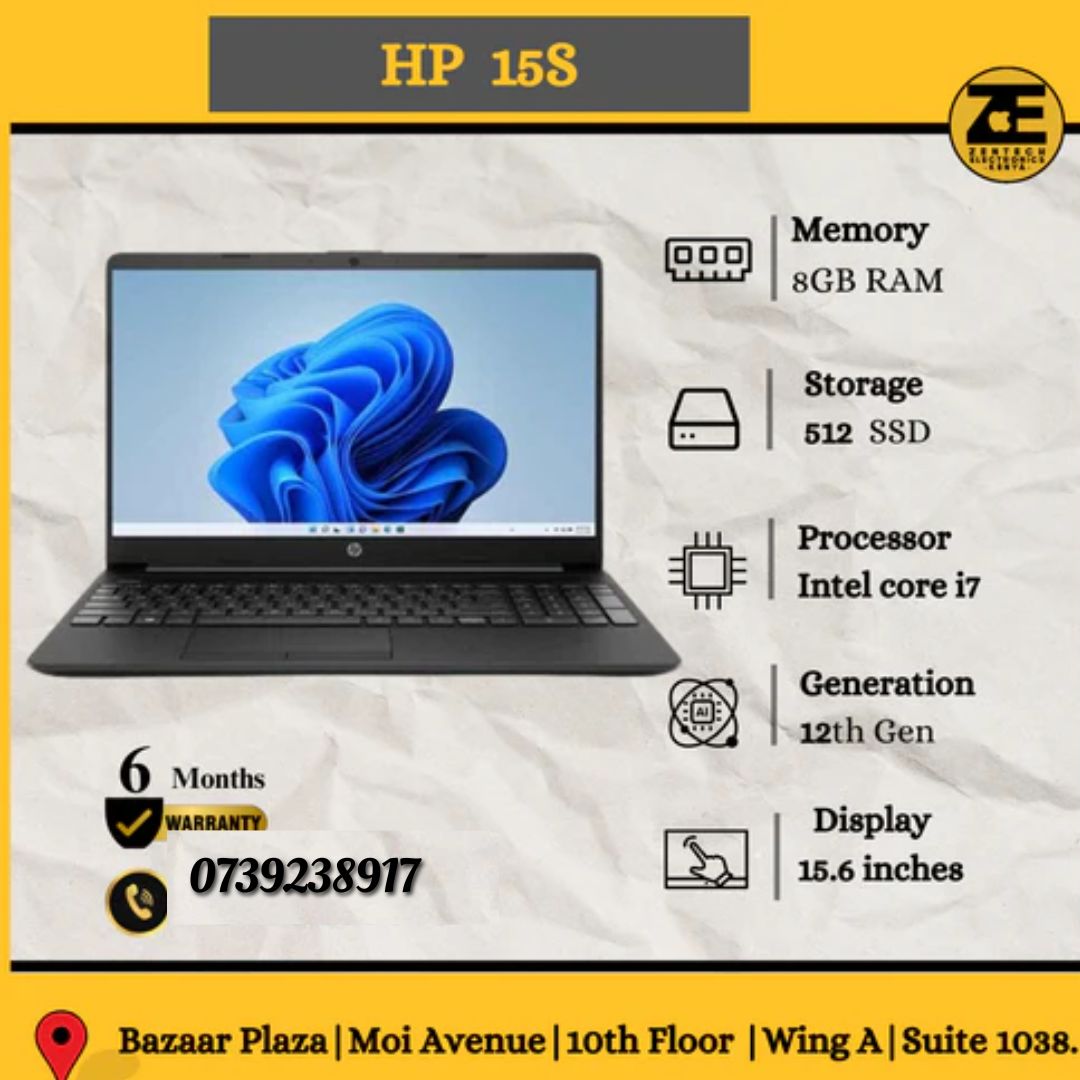 HP Envy 15s laptop displayed with its specifications: 8GB RAM, 512GB SSD, 15.6-inch display, and Intel Core i7 processor.
