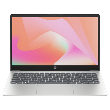 HP 14-inch laptop with a silver keyboard and a colorful screen display, indicating a touchscreen feature.