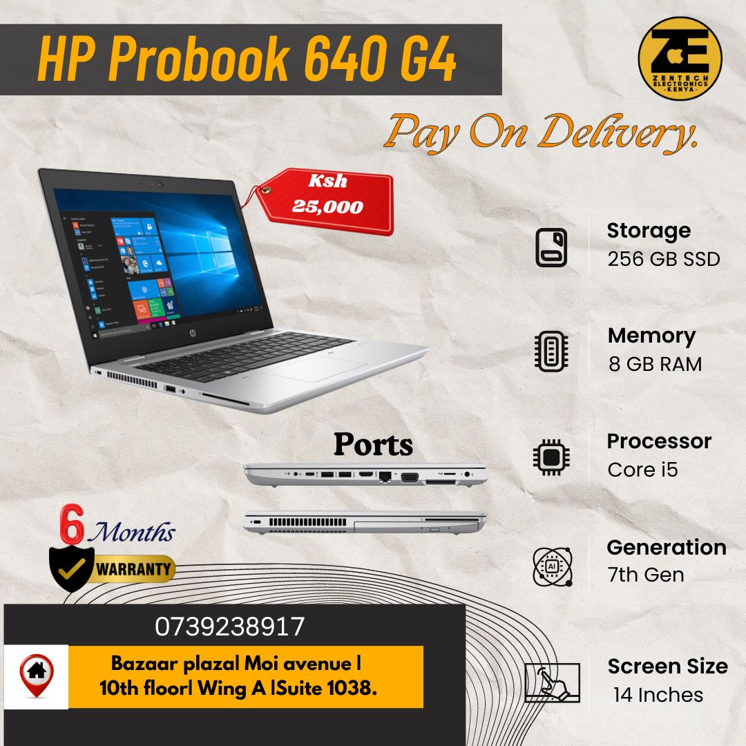 HP Probook 640 G4 laptop with a 14-inch display, silver color, showing the front, side, and back, highlighting its ports and screen.