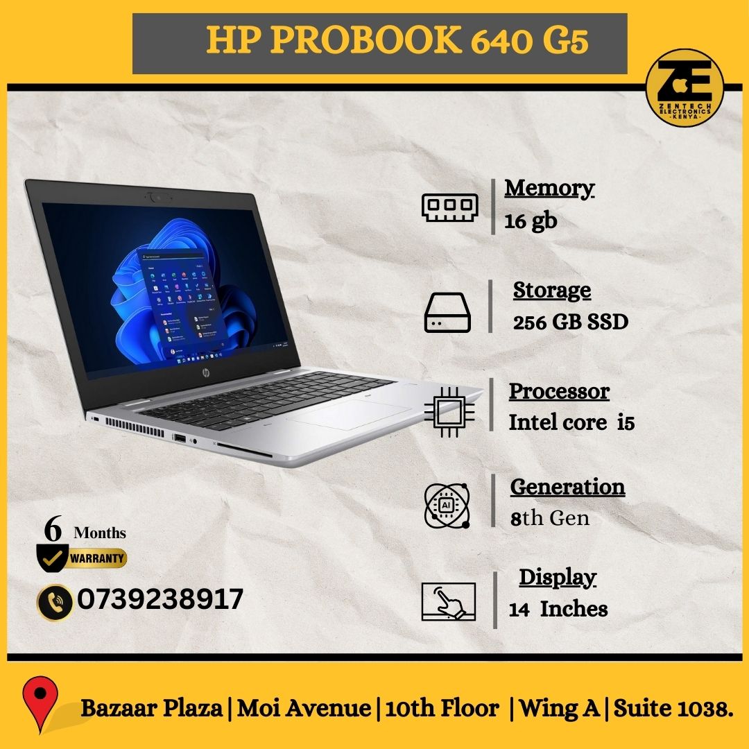 HP ProBook 640 G5 laptop with a silver keyboard displaying a graphic on the screen, alongside specifications like memory, storage, processor, and display size.