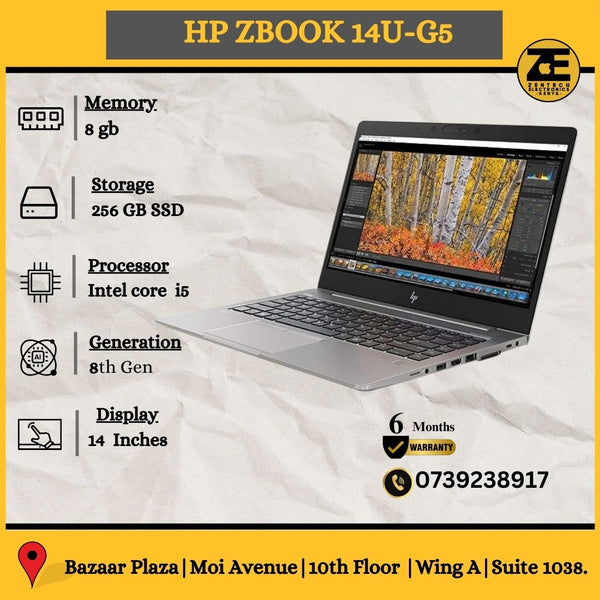 HP ZBook 14u G5 laptop displayed with its screen on, showing the HP logo and a Windows 10 interface. Key specifications such as memory, storage, processor, and display size are highlighted.