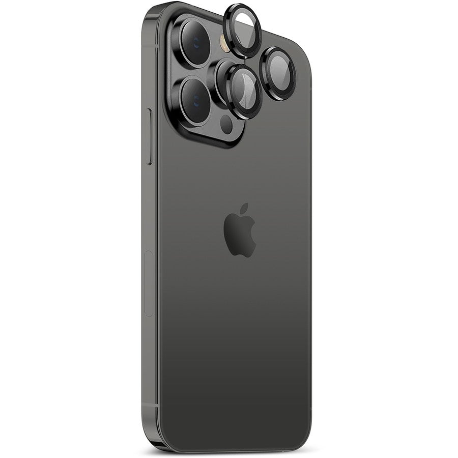 A rear view of an iPhone with a camera lens cover attached to the camera module.