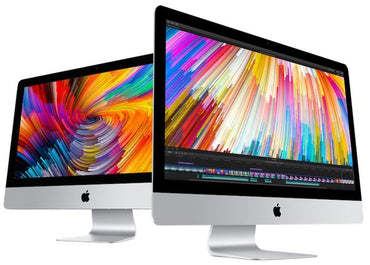 Two Apple iMac computers with Retina displays, one showing the back side to illustrate the internal components, the other displaying the external design with a colorful screen.