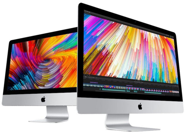 Two Apple iMac computers with Retina displays, one showing the back side to illustrate the internal components, the other displaying the external design with a colorful screen.
