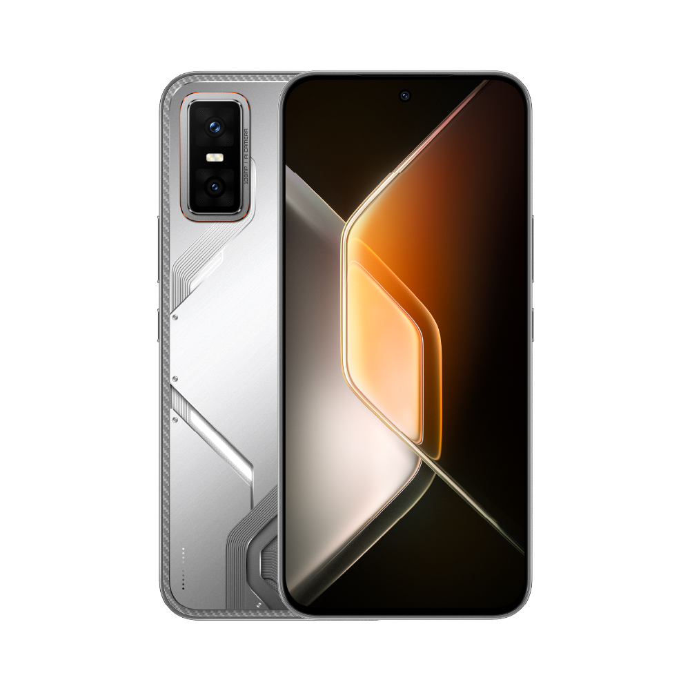 Infinix GT 30 Pro in Blade White silver, back and front view