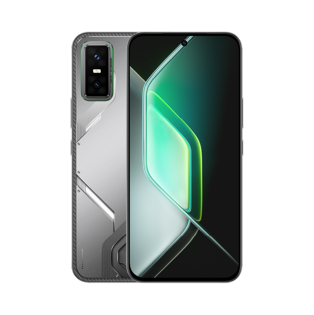 Infinix GT 30 Pro in Shadow Ash silver, back and front view