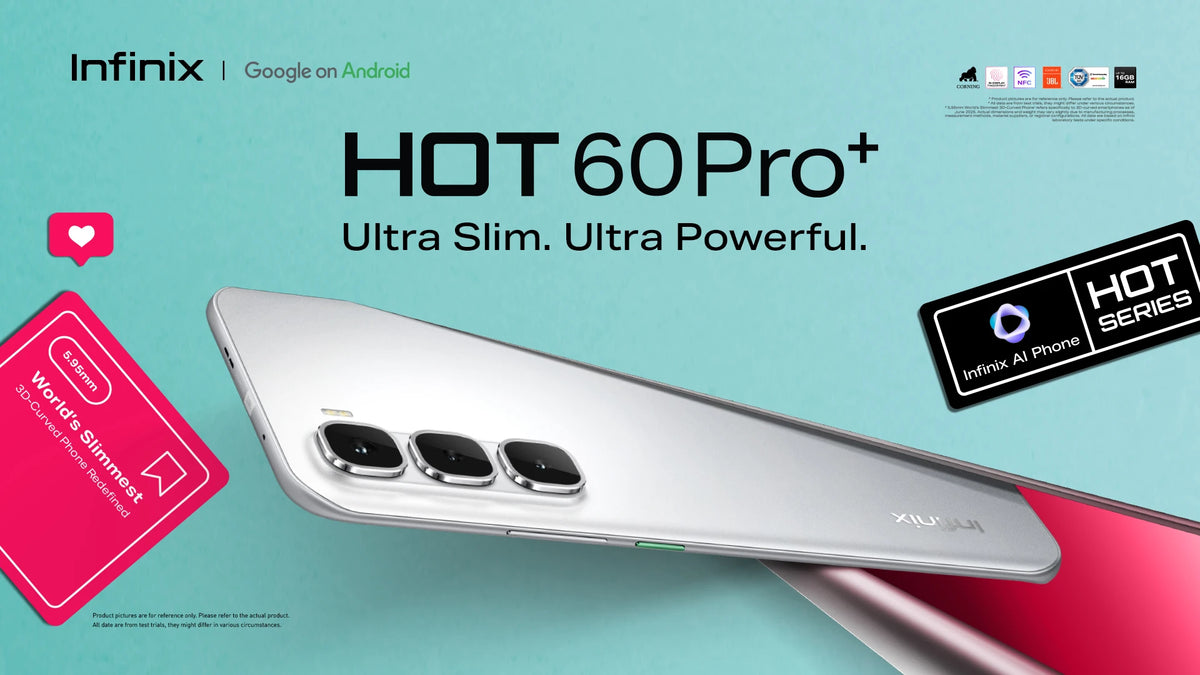 Infinix Hot 60 Pro Plus in silver-white, official side profile of the slim 5.95mm body