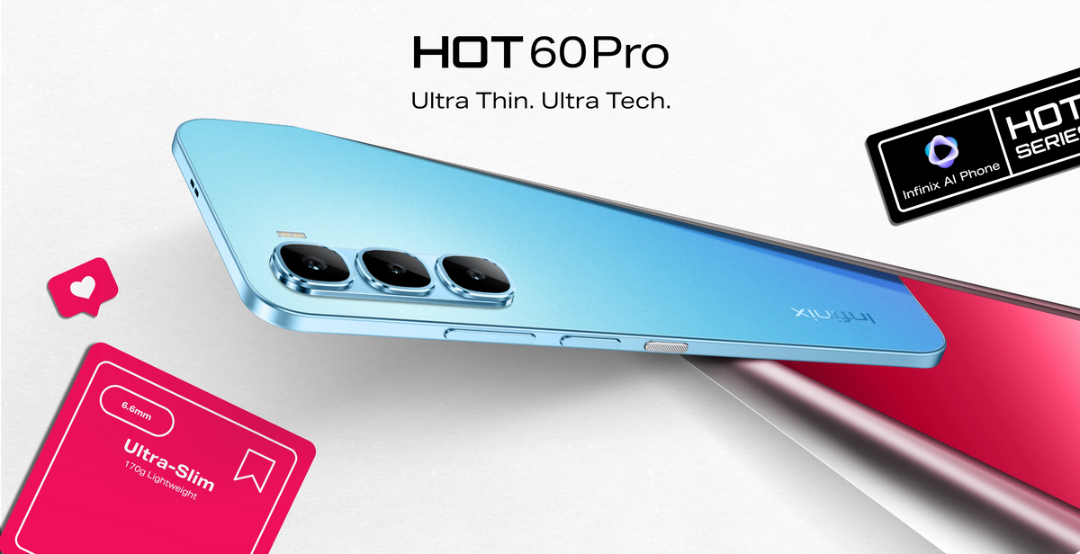 Infinix Hot 60 Pro in sapphire blue, official hero shot of the slim AMOLED body