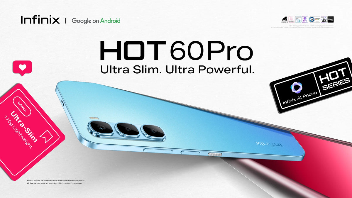 Infinix Hot 60 Pro sapphire blue hero shot of the slim AMOLED body