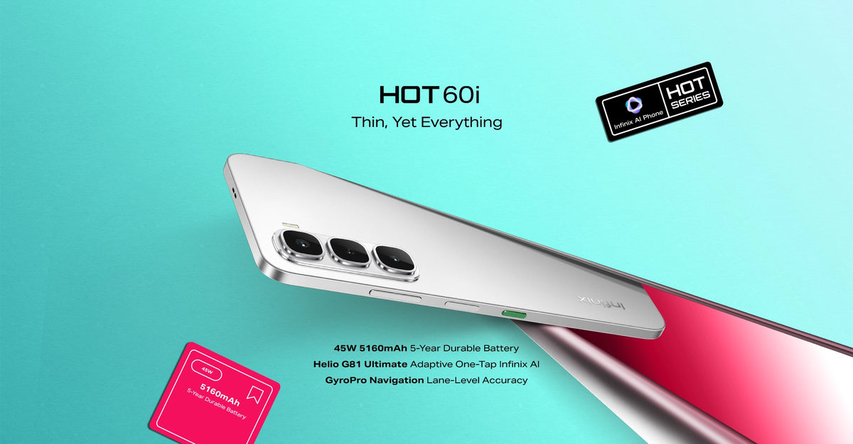 Infinix Hot 60i Titanium Silver side profile with the 50MP camera island