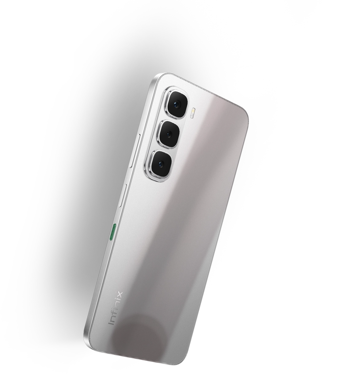 Infinix Hot 60i in Titanium Silver, angled back view with the triple camera module