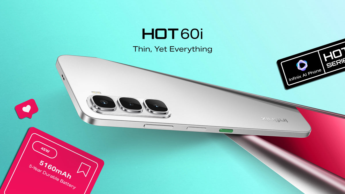 Infinix Hot 60i Titanium Silver floating on a teal background, showing the slim side
