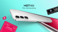 Infinix Hot 60i Titanium Silver floating on a teal background, showing the slim side