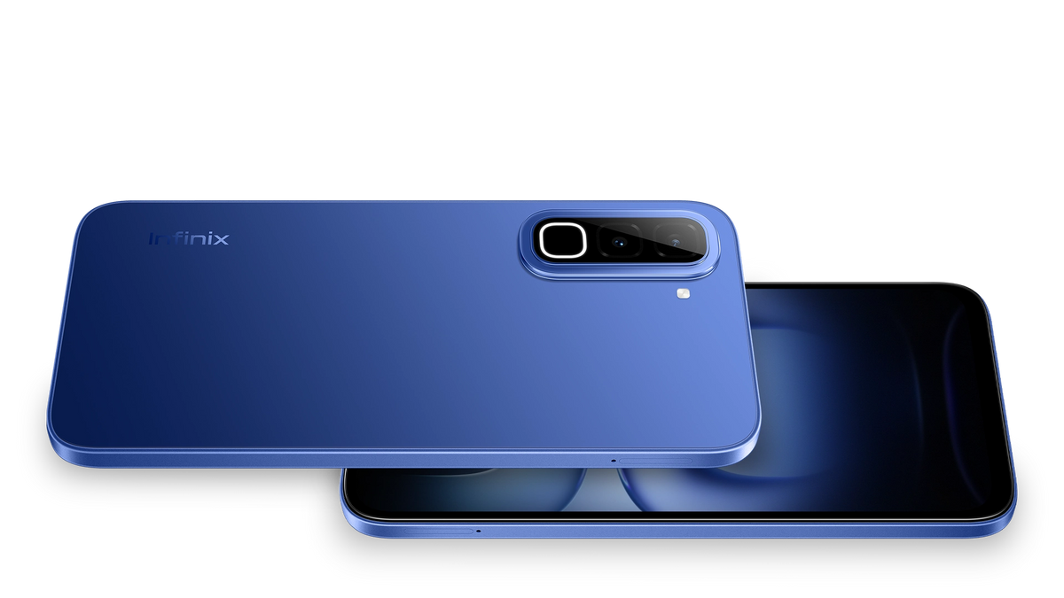 Infinix Hot 70 in Dive Blue, back and front view on a white background