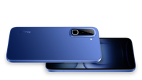 Infinix Hot 70 in Dive Blue, back and front view on a white background