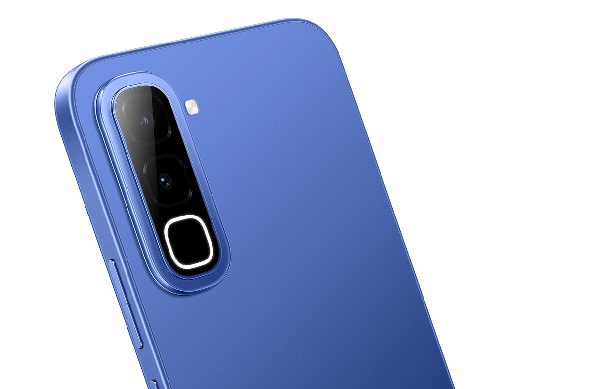 Infinix Hot 70 Dive Blue camera close-up with the dual lenses and flash