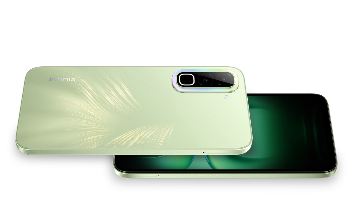 Infinix Hot 70 in mint green, back and front view with the 50MP camera island