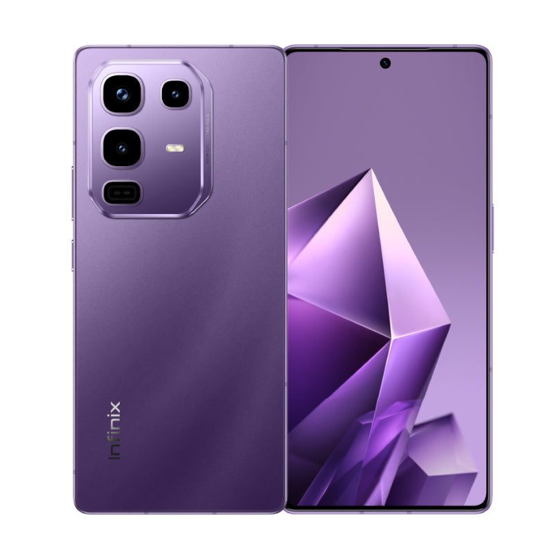 Infinix Note 50 Pro in Enchanted Purple, back and front view