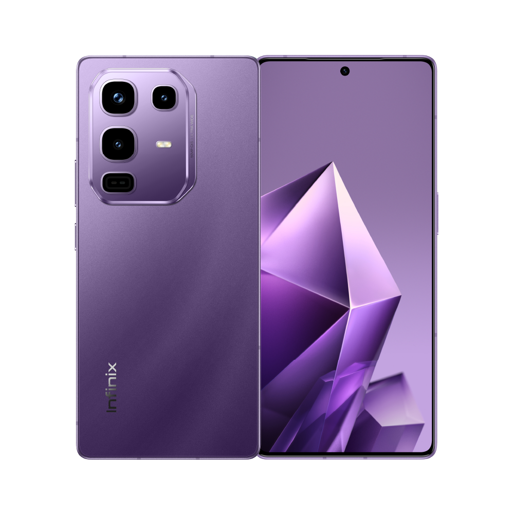 Infinix Note 50 Pro in Enchanted Purple, back and front view