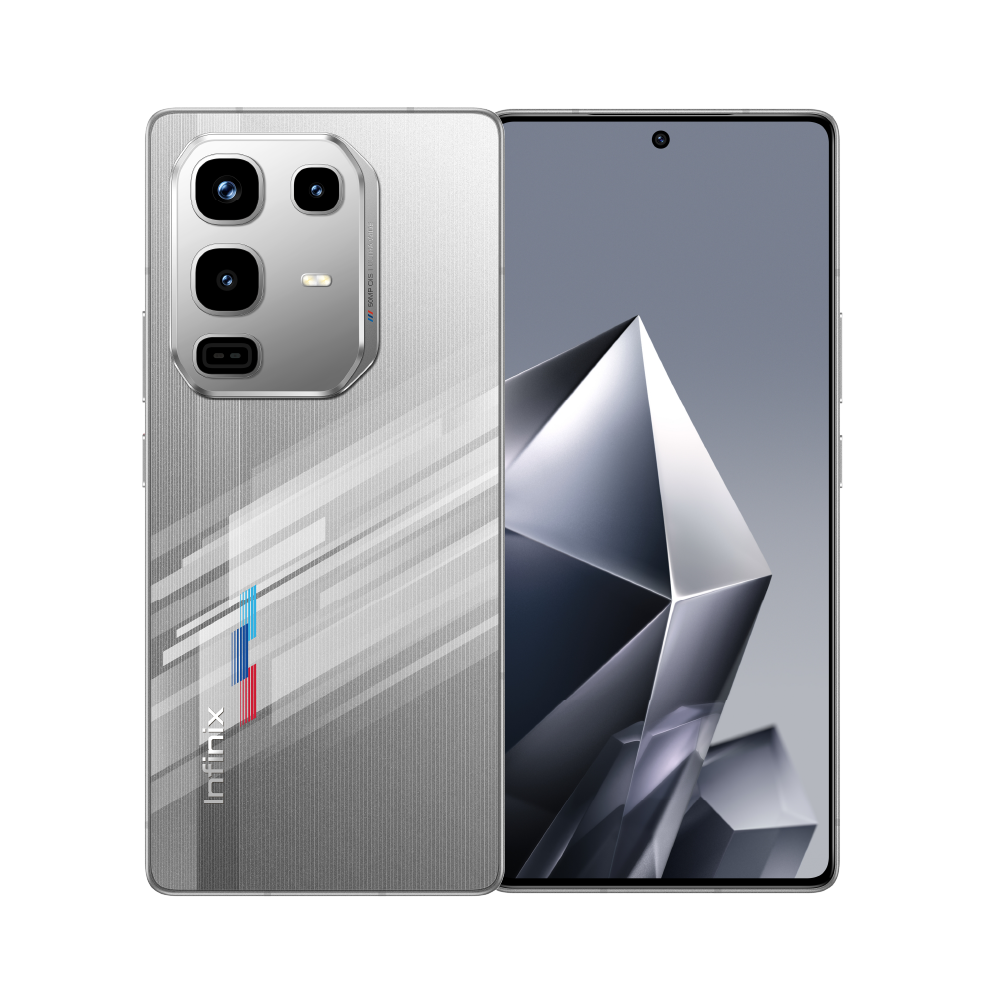 Infinix Note 50 Pro Racing Edition in silver with racing stripes, back and front