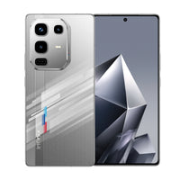 Infinix Note 50 Pro Racing Edition in silver with stripes, back and front view