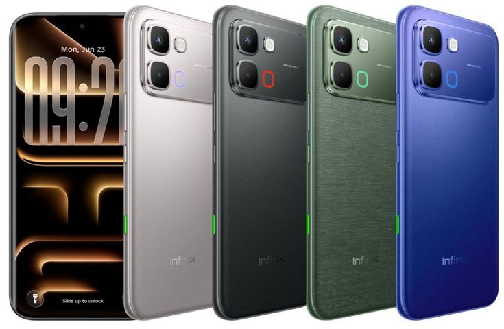 Infinix Note Edge in silver, black, silk green and blue with the front screen on the left