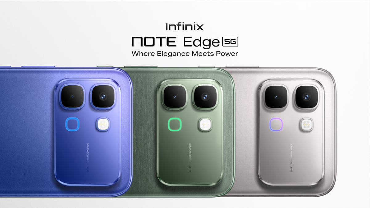 Infinix Note Edge camera modules in blue, silk green and silver on the Kenya page