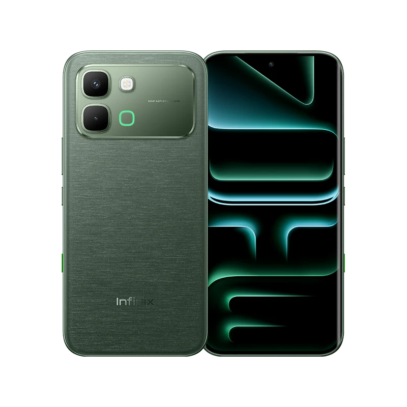 Infinix Note Edge in Silk Green, back and front view