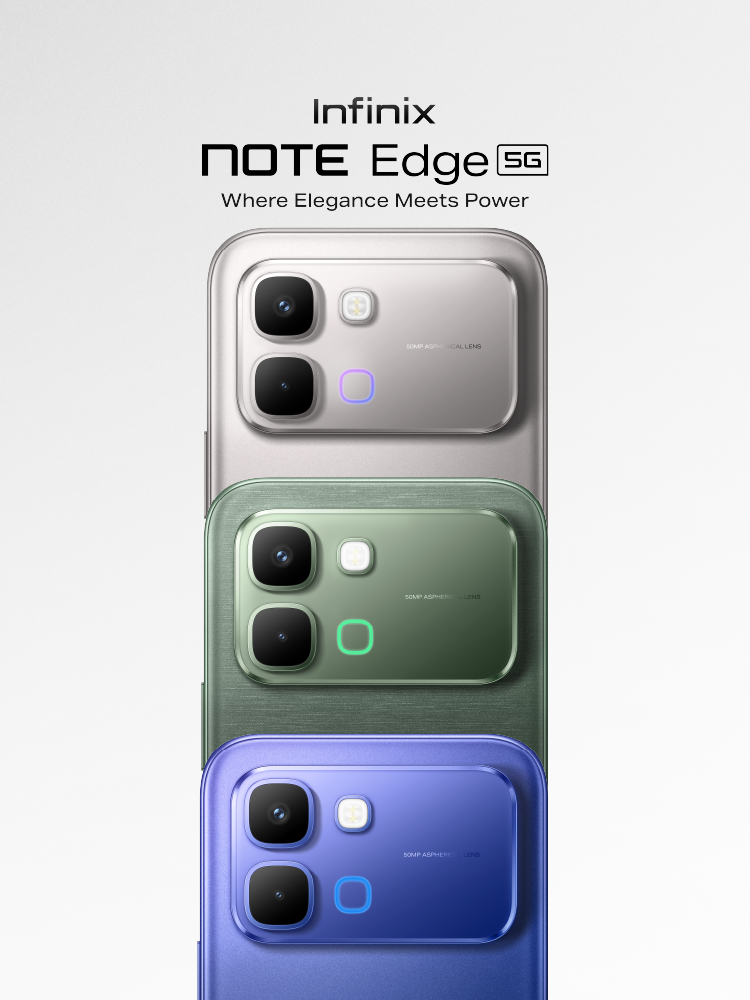 Infinix Note Edge stacked camera islands in silver, green and blue